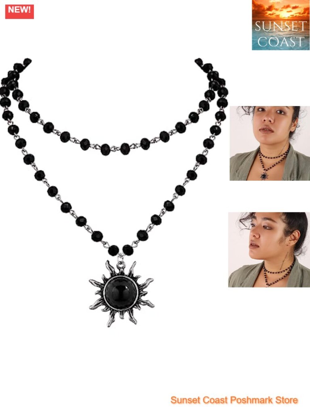 Gothic Sun Choker Necklace, Black Bead Layered Y2K Boho Jewelry for Women